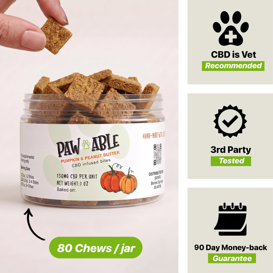 Open jar of Pawable Comfort Bites pumpkin and peanut butter calming chews, 80 chews per jar