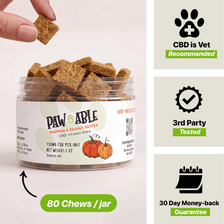 Open jar of Pawable Comfort Bites pumpkin and peanut butter calming chews, 80 chews per jar