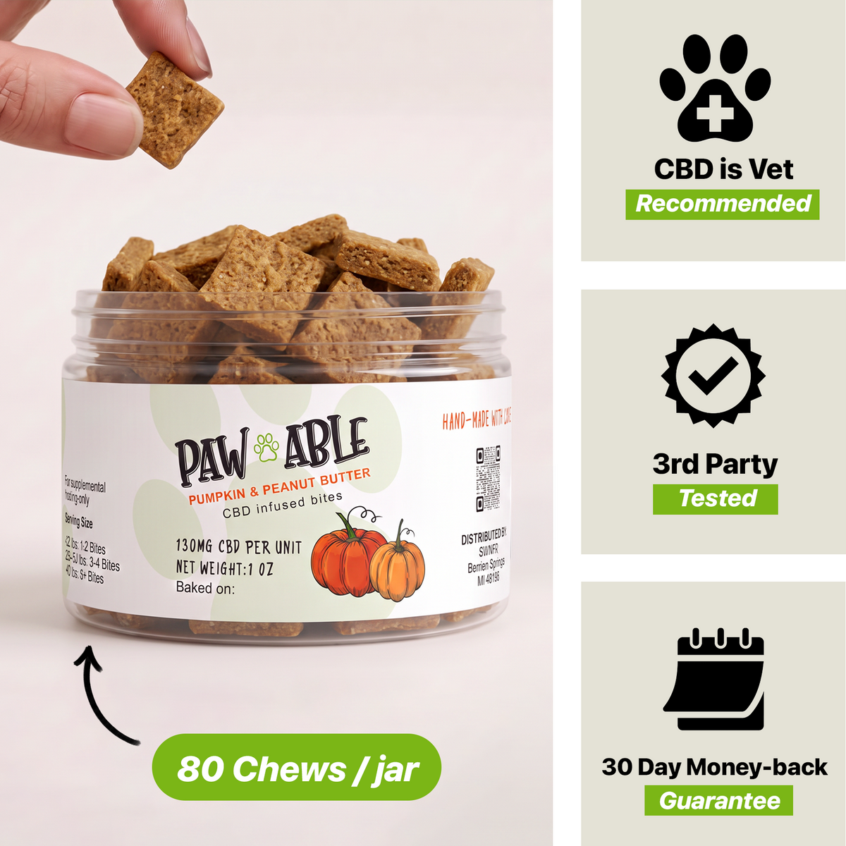 Open jar of Pawable Comfort Bites pumpkin and peanut butter calming chews, 80 chews per jar